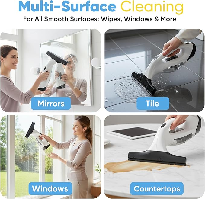 Cordless Window Vacuum Squeegee with Detachable Water Tank, 2000Pa Strong Suction, Rechargeable Glass Cleaner for Windows, Shower, Mirror & Tiles, Lightweight 2-in-1 Wiper with Microfiber Pad