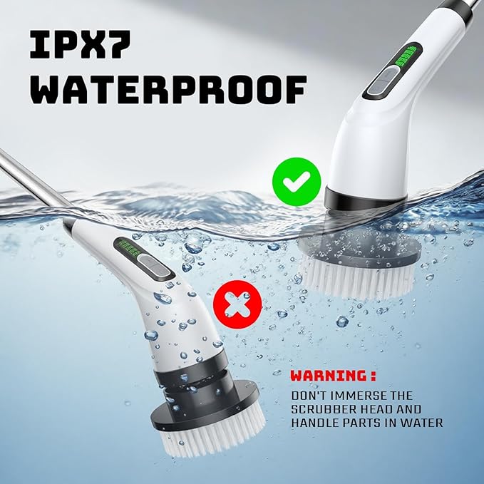 Highyes Electric Spin Scrubber, Powerful 2-Speed Cleaning Brush, IPX7 Waterproof with 7 Reusable Brush Heads & Extendable Handle, for Bathroom Toilet Shower Kitchen Wall Tile Floor Grout (White)