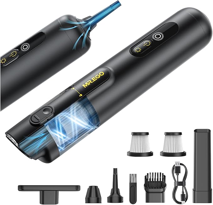 Mr.ego Car Vacuum Portable Cordless, 20000Pa High-Power Suction Handheld Vacuum & Air Duster with Brushless Motor, Multi-Nozzles, Green LED Light & Washable Filter for Car, Home, Office, Pet Hair