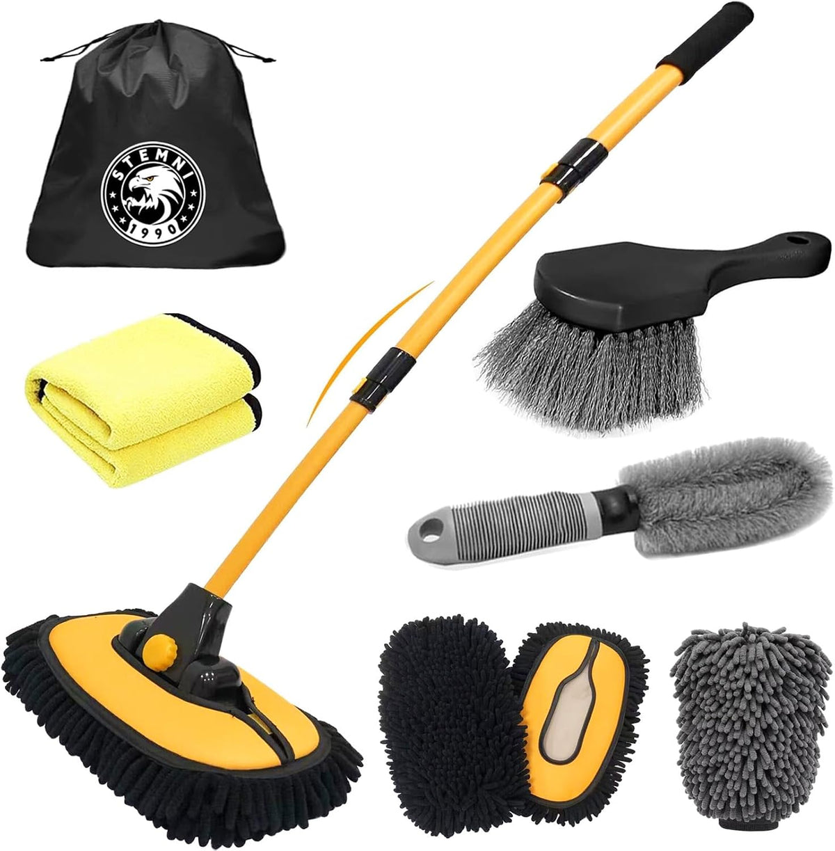 Car Wash Brush with Long Handle, 15°Curved Car Cleaning Brush with Telescopic Handle, Complete Car Wash Kit 8pcs for Cars RV Truck Boat Home