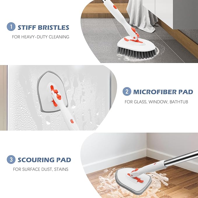 SetSail 4-in-1 Tile Tub Floor Scrubber with 52-inch Adjustable Long Handle Shower Cleaner Brush Comes with Floor Scrub Brush and 3 Replacement Brush Heads for Cleaning Bathroom Tub Tile, Orange