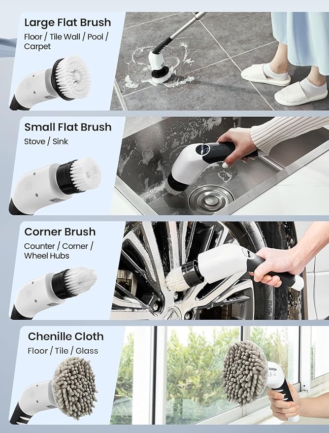 Keimi Electric Spin Scrubber, 2025 New Cordless Shower Cleaning Brush with 8 Replaceable Brush Heads, 3 Adjustable Speeds, and Adjustable Extension Handle for Bathroom Floor Tile