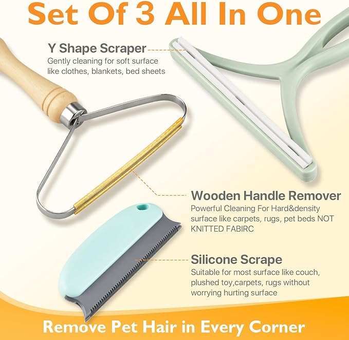 Pet Hair Removal Tool 3 Pack Dog Cat Hair Remover Carpet Scraper Rake Fur Removal Brush Lint Remover Shaver for Car Furniture Couch Green