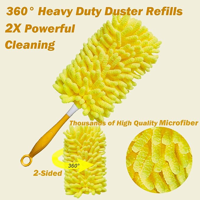 Reusable Duster for Swiffer, 360 Heavy Duty Duster Refill Compatible with Swiffer Hand Dusters for Dusting Furniture, Blinds, Ceiling Fans, Walls and More, 2 Refills +1 Handle, Yellow