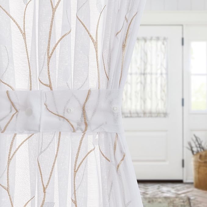 jinchan Sheer Door Curtain 40 Inches Floral Embroidered Semi-Sheer Embroidery Voile Floral French Door Curtain Light Filtering Drape Rod Pocket 1 Panel White