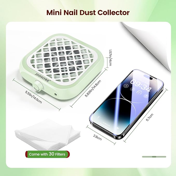 JODSONE Mini Nail Dust Collector PocketSized 6000RPM Powerful Suction Portable Nail Salon with 30 Filters Green