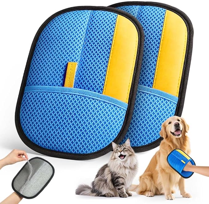 2026 Thickened Electrostatic Pet Hair Removal Gloves (2 Pcs) - Reusable Strong Grooming Gloves for Cats & Dogs, Hair Remover Gloves for Couch, Furniture, Carpet, Car Seats & Clothing Blue