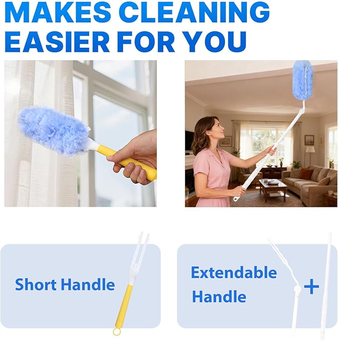 Duster Refill for Swiffer Duster, 50 Count Disposable Dusters Kit for Cleaning Dusting Furniture Blind Ceiling Fan, Multi Surface 360 Feather Duster + 3FT Extended Handle + Short Handle