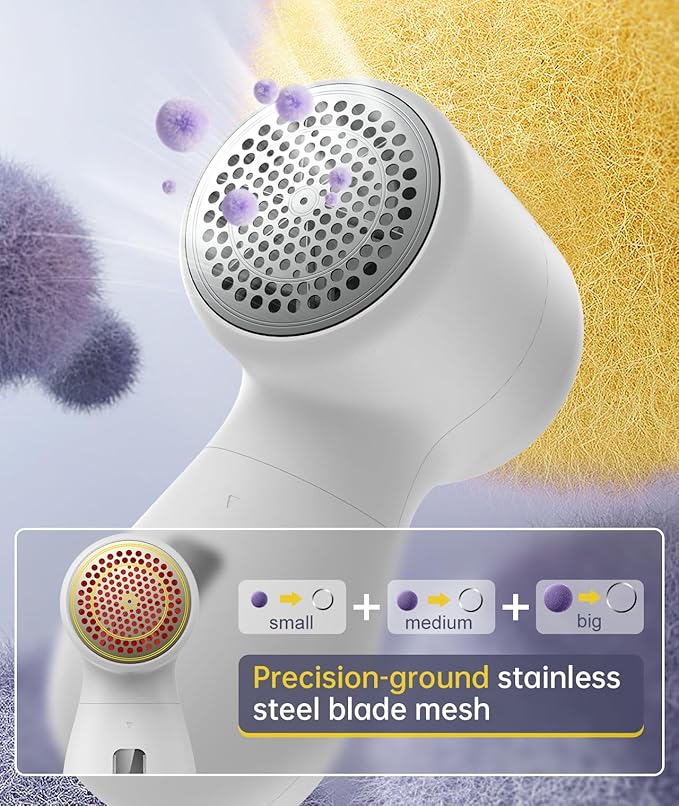 Rechargeable Fabric Shaver Lint Remover, Sweater Shaver with 3-Speed Control, LED Display Clothes Shaver, 6-Leaf Stainless Steel Blades, Suitable for Clothes, Sweater, Couch, Blanket, Wool (White)