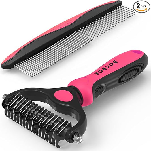 Docrok Pet Grooming Brush & Comb Combo, Cat & Dog Brush for Shedding & Dematting, Undercoat Rake for Long-haired Pets, Pink