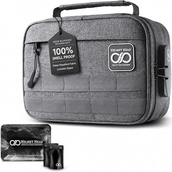 HELMET HEAD Smell Proof Bag with Lock – Odor Proof Stash Bag Organizer with Metal Tray & Mylar Bags, Lockable Travel Sto