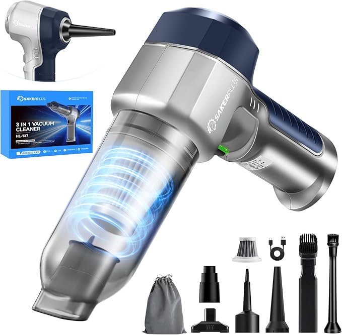 SakerPlus Mini Vacuum Cleaner, 3 in 1 Car Vacuum Cleaner High Power, 15000PA Powerful Suction, Air Duster, 7500mAh, Dual Filter,Adjustable Small Vaccum Portable Cordless for Cars,Desktop - Deep Blue