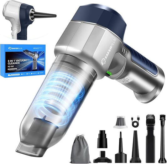 SakerPlus Mini Vacuum Cleaner, 3 in 1 Car Vacuum Cleaner High Power, 15000PA Powerful Suction, Air Duster, 7500mAh, Dual Filter,Adjustable Small Vaccum Portable Cordless for Cars,Desktop - Deep Blue