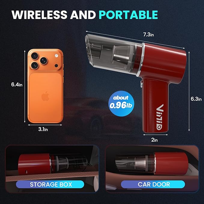 Vinid 8000mAh Cordless Car Vacuum Cleaner, 80W High Power Handheld Vacuum with Strong Suction, Portable Air Duster/Blower, Type-C Fast Charging for Car, Home, Office Desk, Pet Hair, Red