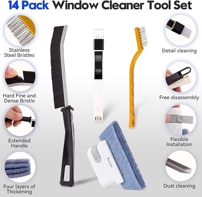 Window Track Cleaner Tools Set, 14 PCS Window Groove Cleaning Brush Kit for Sliding Door, Sill, Tile Lines, Shutter, Car Vents, Keyboard