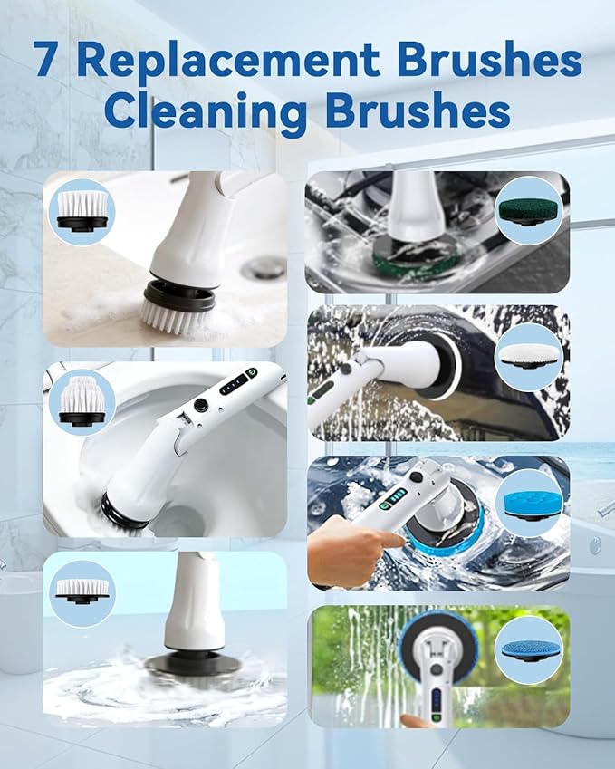 Electric Spin Scrubber, Hillyfe Bathroom Scrubber Electric with 7 Replaceable Brush Heads, IPX7 Waterproof,300/400 RPM, 3 Adjustable Length,Scrubber Brush Electric for Bathtub Floor,White