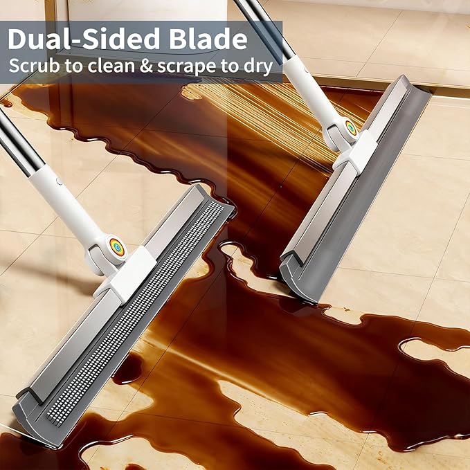 Floor Squeegee for Concrete Floor, Squeegee for Floor with 180° Rotating Head & 63" Long Handle, Garage Squeegee Broom for Epoxy Floor, Pet Hair, Water Removal, Bathroom Tile, Shower Glass, Carpet