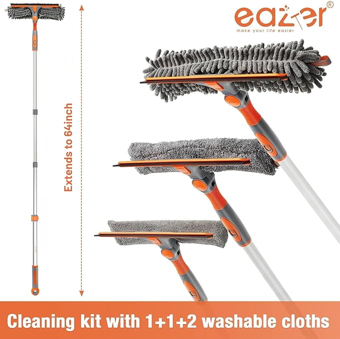 Eazer 2-in-1 Window Cleaner Tool, 64'' Window Squeegee for Home, Window Cleaning Squeegee Kit with Telescopic Pole, Window Washing Kit with Rotatable Bendable Head(Threaded + Telescopic) - EAW01