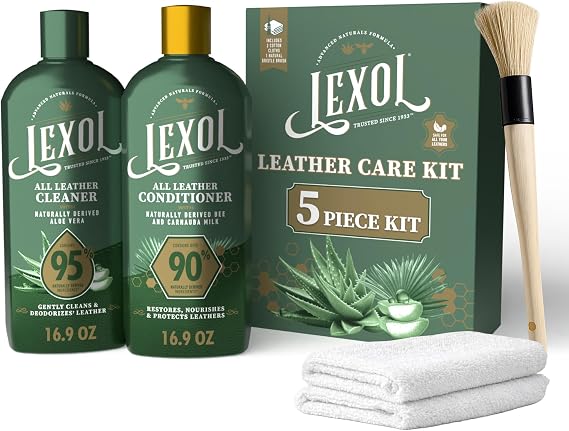 Lexol All Leather Care Kit - 5-Piece Natural Leather Cleaner & Conditioner with Aloe Vera, Bee Milk, Cloths & Brush for 