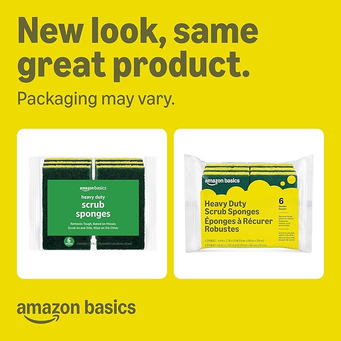 Amazon Basics Heavy Duty Dual-Sided Scrub Sponges, Reusable, 4.4 x 2.7 x 0.8 in, Yellow/Green, 6-Pack