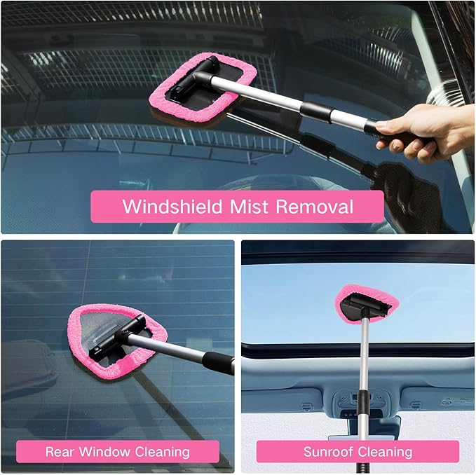 Qydipclin 10pcs Windshield Cleaner Tool, Car Window Cleaning Wash Kit with 4 Reusable Microfiber Pads 1 Spray Bottle and Extendable Handle Auto Glass Wiper Kit, Pink