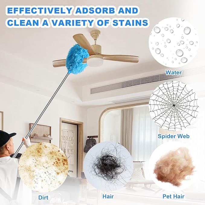Storystore Ceiling Fan Cleaner Duster - Adjustable Duster with Extension Pole,Dusters for Cleaning Fan Blade, Walls and Cobweb (2Pcs Blue)
