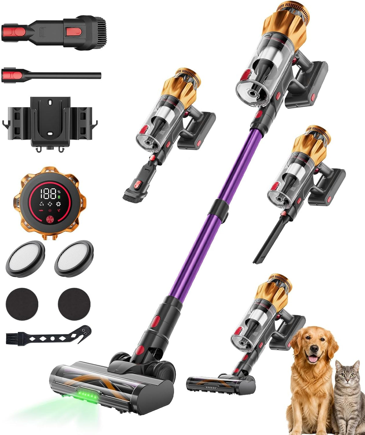 Cordless Vacuum Cleaner, 750W 70KPA Vacuum Cleaners for Home, 75Mins Stick Vacuum Cordless Rechargeable with Anti-Tangle, 8-in-1 Lightweight Wireless Vacuum for Pet Hair Hardwood Floors Carpet
