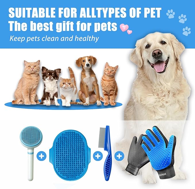 NVNAN 5 Piece Dog Grooming Brush Set with Grooming Gloves, Deshedding Comb & Massage Bath Brush | Dog Shampoo Brush - Multifunctional Pet Hair Removal Tools for Shedding, Bathing, Brushing (Blue)
