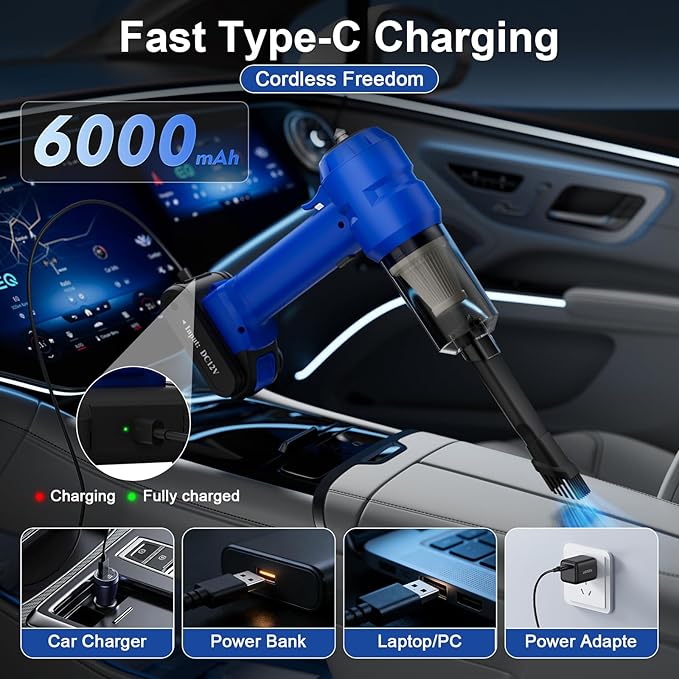 Vinid Handheld Car Vacuum Cleaner, 12000Pa Cordless Wet/Dry Vacuum & Air Blower, with Safety Hammer & Seatbelt Cutter, 80W 6000mAh Battery, HEPA Filter, Type-C Charging for Car Home Emergency, Blue