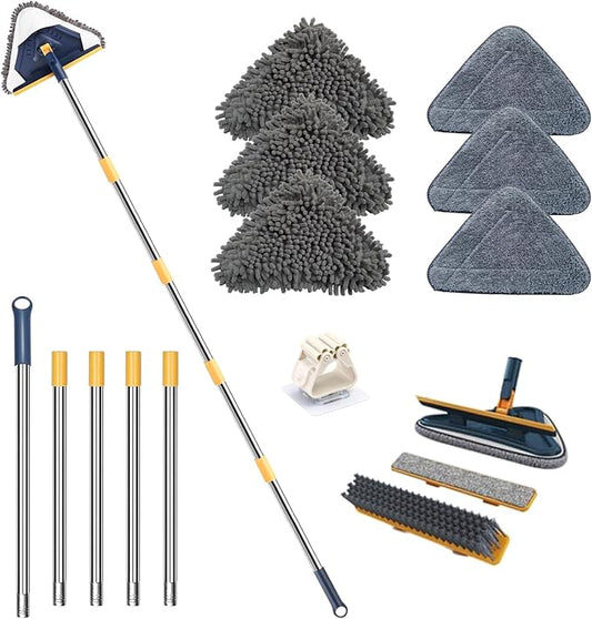 Wall Cleaner Mop with Long Handle, 5-in-1 Wall Cleaning Dust Mop with 6 Replacement Chenille Microfiber Pads, Squeegee, Scrubber, Duster Cleaning Tools for Painted Wall, Window, Ceiling