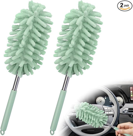 2 PCS Car Interior Duster with Extension Pole, Microfiber Car Dusters with Bendable Head, Cars Dusters Exterior&Interior Scratch Free, for Cleaning of Vehicle Details, Offices, Window (Light Green)