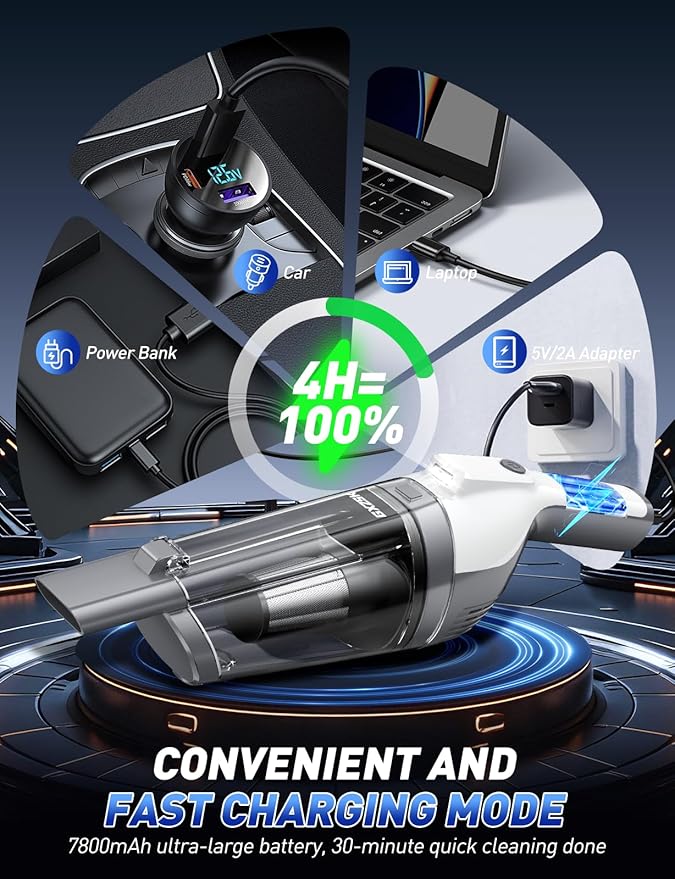 Handheld Vacuum Cordless, 15000PA Powerful Suction Hand Held Vacuum Cleaner, Car Vacuum Portable Cordless with Large-Capacity Dust Bin & LED Light, High Power Hand Vacuum for Home, Car, Office, Pet