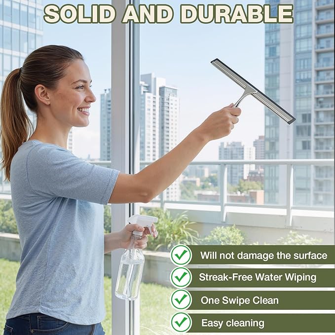 FARMER Shower Squeegee for Glass Doors, 10-Inch Glass Squeegee for Windows, Car Glass and Mirrors, Multi-Purpose Stainless Steel Squeegee with Suction Wall Hook and Over Door Hook, Silver
