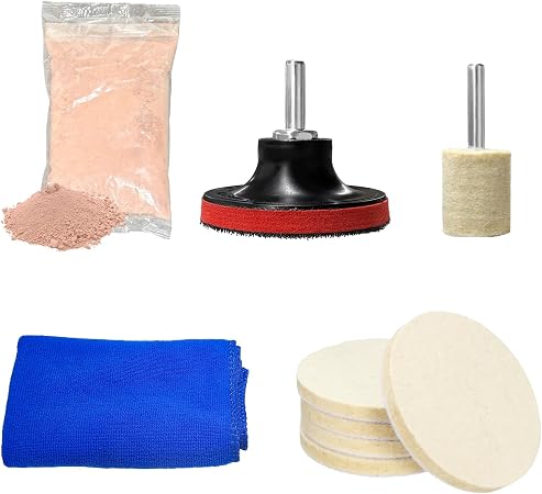 Glass Polishing Kit, Car Window Deep Scratch Removal Set with 100g Cerium Oxide Powder, Wool Polish Pads Multifunctional