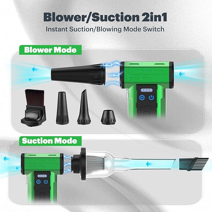 SCHNEIDER Compressed Air Duster and Vacuum Cleaner with 2-in-1 Blow & Suction Function, 130000RPM Electric Air Dust with Multi-Speed Adjustable/LED Light for PC Keyboard Cleaning, Car, Home