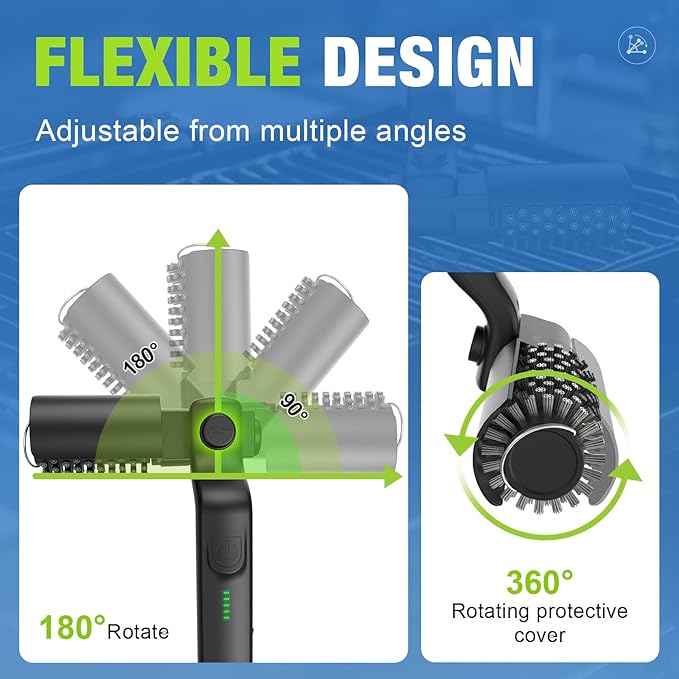 Electric Grill Brush, Cordless Rechargeable BBQ Grill Cleaning Brush, 180° Adjustable Angle, 3-Speed Motor, Stainless Steel Head, Electric Grill Cleaner for Outdoor Grill, Gas BBQ Grates & Griddles