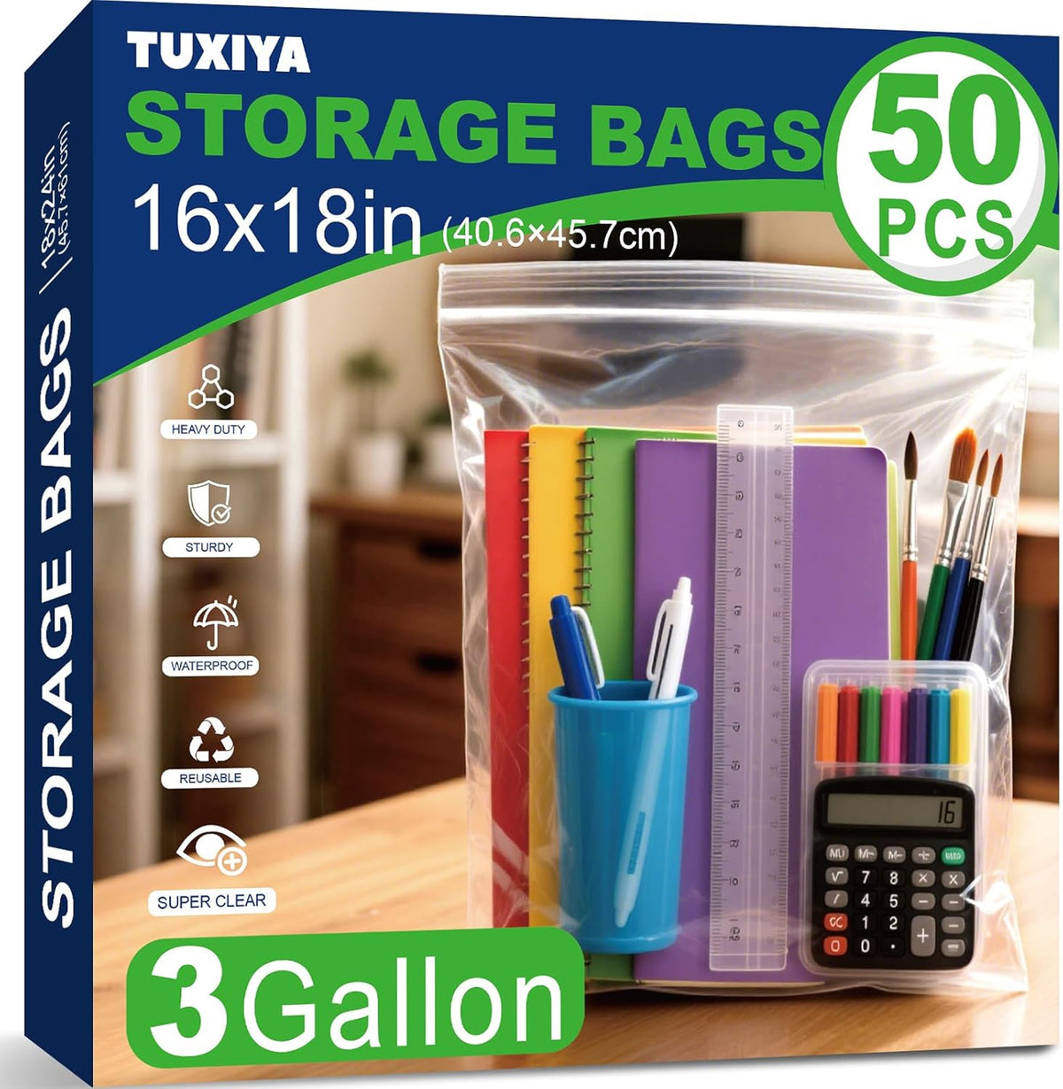 50PACK 3 Gallon Large Zipper Bags for Storage 16" x 18" Storage Bags
