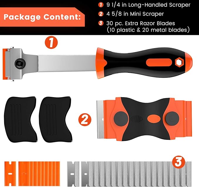 DEKEones Razor Blade Scraper, 2 PCS Razor Scraper Tool for Removing Label, Registration Sticker, Tint, Grease from Windshield, Appliance, Glass (Extra 20 Metal and 10 Plastic Blades)