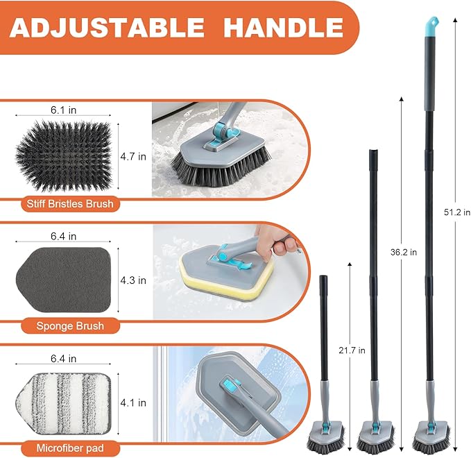 Long Handled Scrub Brush for Shower,3-in-1 Cleaning Brushes with 3 Different Function Cleaning Heads Brush for Shower Cleaning Bathroom Kitchen Walls Tub Tile (Grey)