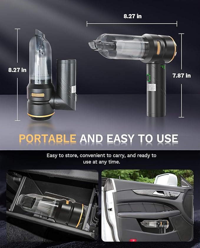 Foldable Cordless Handheld Car Vacuum Cleaner, 15000PA High Power 2-in-1 Mini Vacuum Duster & Inflator, with 3-Speed Brushless Motor for Car Care, Home, Office, Pet