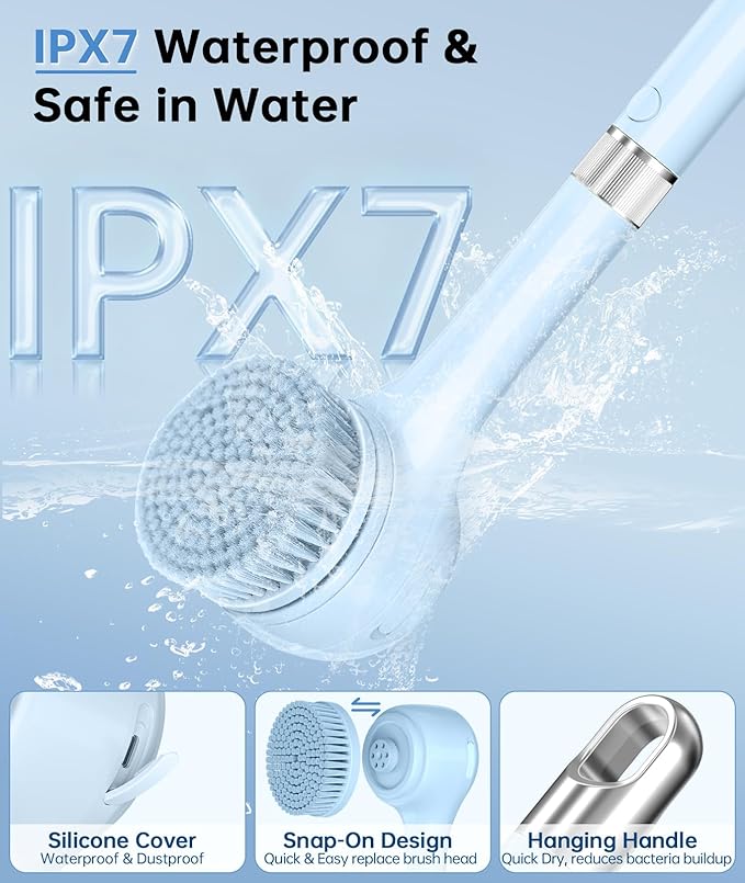 Electric Body Brush Back Scrubber for Shower, Waterproof Rechargeable Auto Bath Brush with Long Handle, 5 Replaceable Heads & 3 Speeds, Deep Cleansing Exfoliating Massage Spin Scrubber for Men & Women