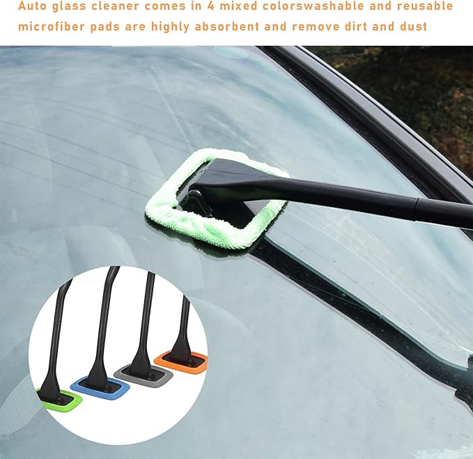 Ohleats Car Windshield Cleaning Tool, Microfiber Window Cleaner with 4 Washable and Reusable Cloth Pad & Long Handle, Auto Glass Wiper Cleaning Kit with Spray Bottle, Car Accessories