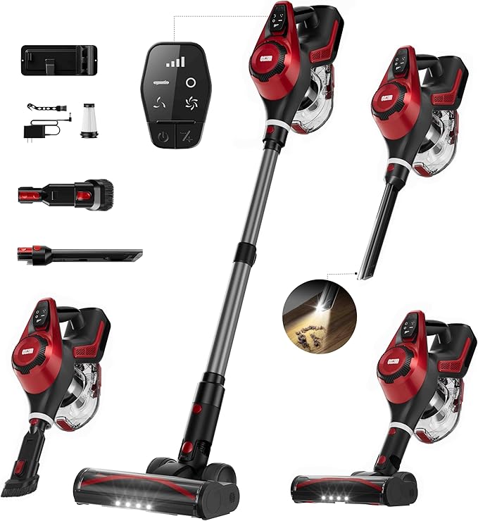 Cordless Vacuum Cleaner for Home, Stick Vacuum 45Kpa, Smart Display & 1.5L Dust Cup, MAX 40mins Runtime, Rechargeable Lightweight Handheld Vavuum for Pet Hair/Carpet/Hardwood Floor/Car (Crimson)