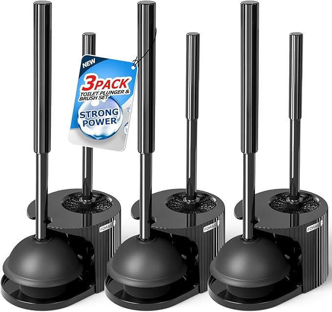 FORASTO 3Pack Toilet Brush and Plunger Set, Extended Handle Plunger,Toilet Bowl Brush Plunger Set,Bathroom Cleaning Tools,Toilet Brush Plunger Combo,Cleaning Brush,Cleaning Supplies(20inch)