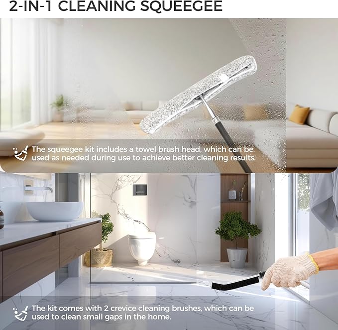 16.7“- 59.5" Long Handle Window Squeegee with Extension Pole, 12.4" Wide Metal Shower Squeegee for Glass Doors, 2-in-1 Squeegee for Home Window Cleaning, Tile Wall, Car (Silver)