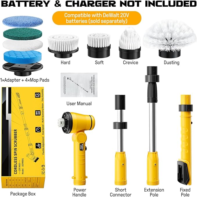 Electric Spin Scrubber Compatible with DeWalt 20V Battery, Ecarke Cordless Cleaning Brush with 4-Stage Handle, 8 Cleaning Heads for Bathroom/Floor/Kitchen/Tub/Tile, 2 Speeds – Tool Only