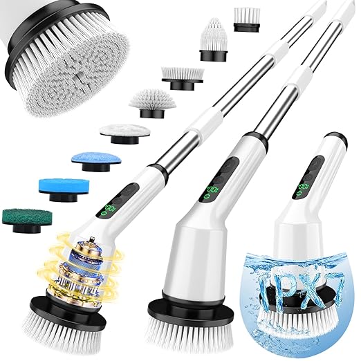 Shower Scrubber with Long Handle, Shower Cleaner Brush with 8 Brush Heads, Cordless Electric Spin Scrubber for Cleaning with 2 Speed, Cleaning Supplies for Bathroom Bathtub Kitchen Floor Tile Toilet
