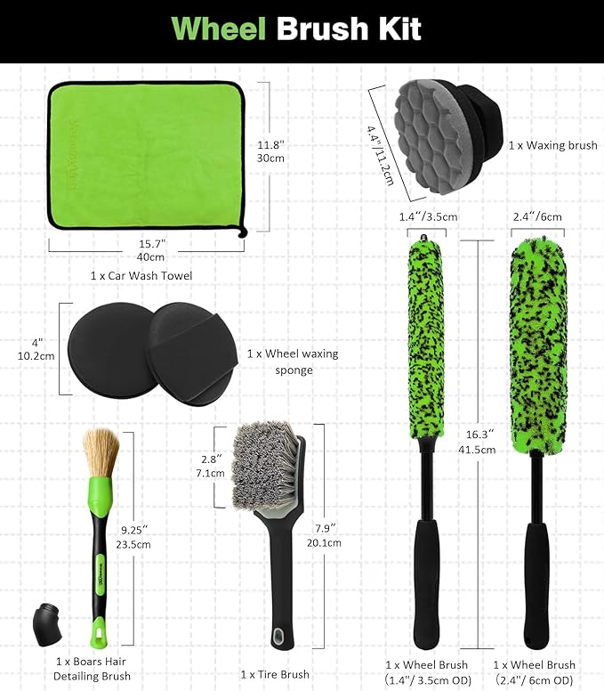 YeewayVeh 8PCS Ultimate Wheel and Tire Brush Kit | 2-Size 360° Bendable Rim Brushes, Boar Hair Detailing Brush, Tire Shine Applicators & Microfiber Towel | Complete Scratch-Free Cleaning & Shining Set