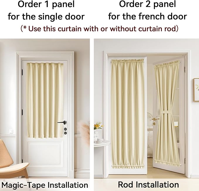 Vatge French Door Curtains - Front Door Curtain Panel with Tieback for Glass Window, Door Window Curtains for Doorways, 1 Panel, W54 x L72, Light Beige