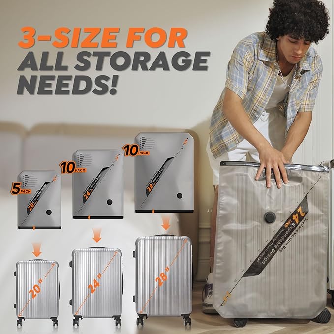 Vacbird Rechargeable Wireless Pump Travel Storage Bags Set - 25 Pack Portable Space Saver Bags for Travel & Home - Vacuum Compression Packing Seal for Clothes, Blankets, Seasonal Storage